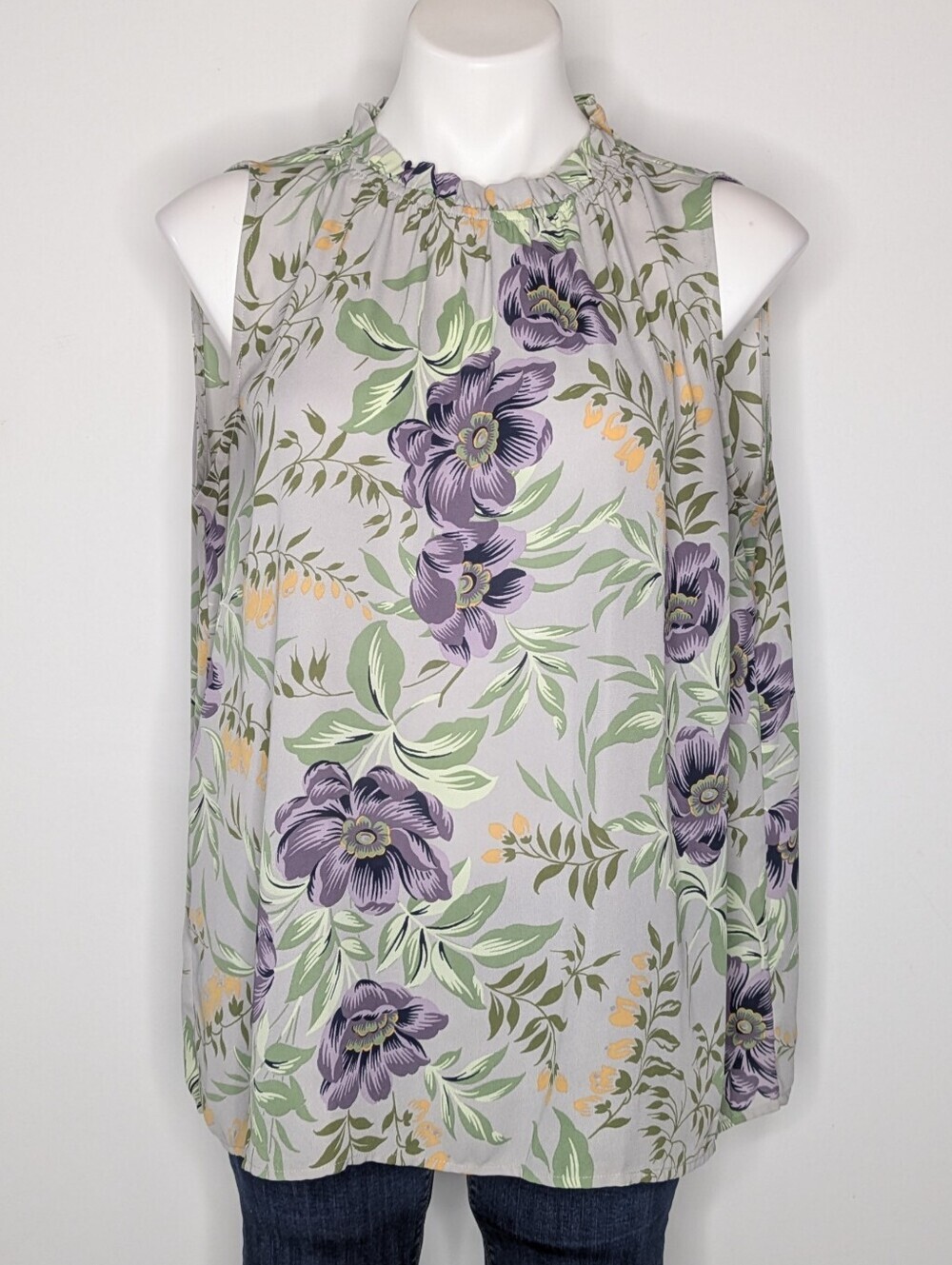 Loft Grey Purple Floral Tank Top Blouse L